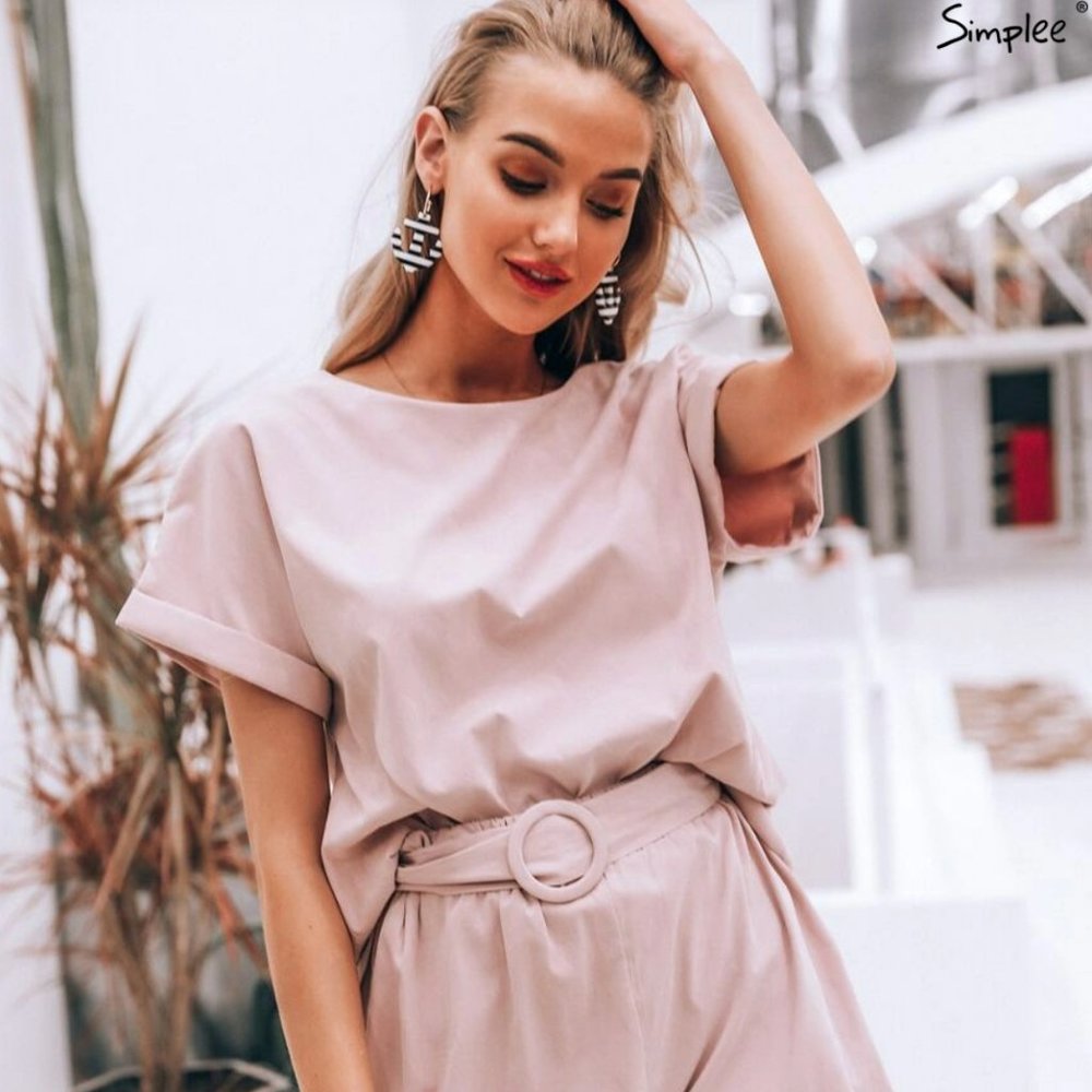 Simplee Solid Rolled Cuff Top & Ring Belted Shorts
